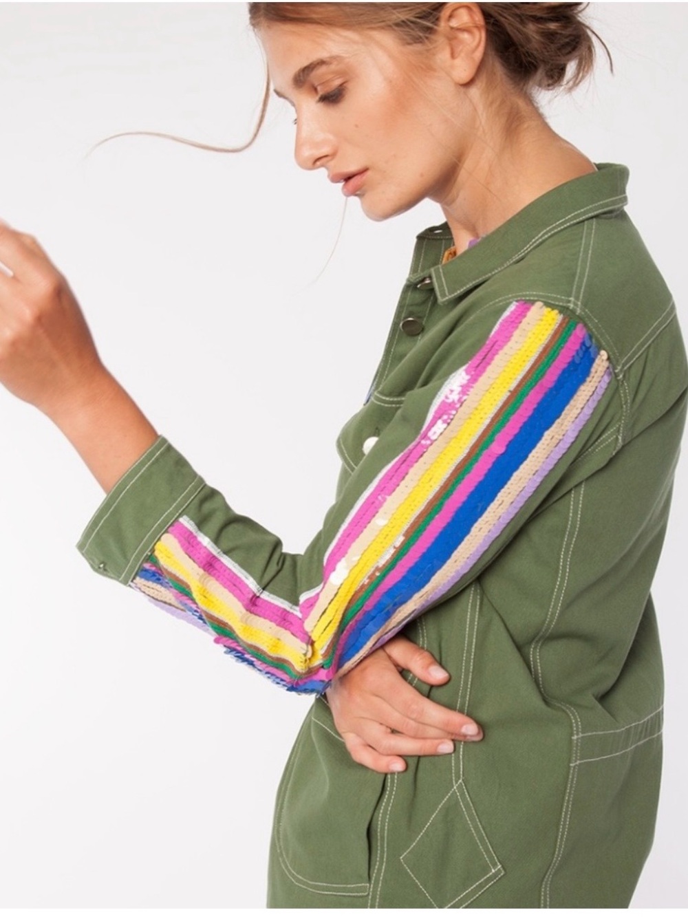 Vilagallo Military Green Denim Rainbow Sequin Stripe Utility Shirt Jacket NWT M